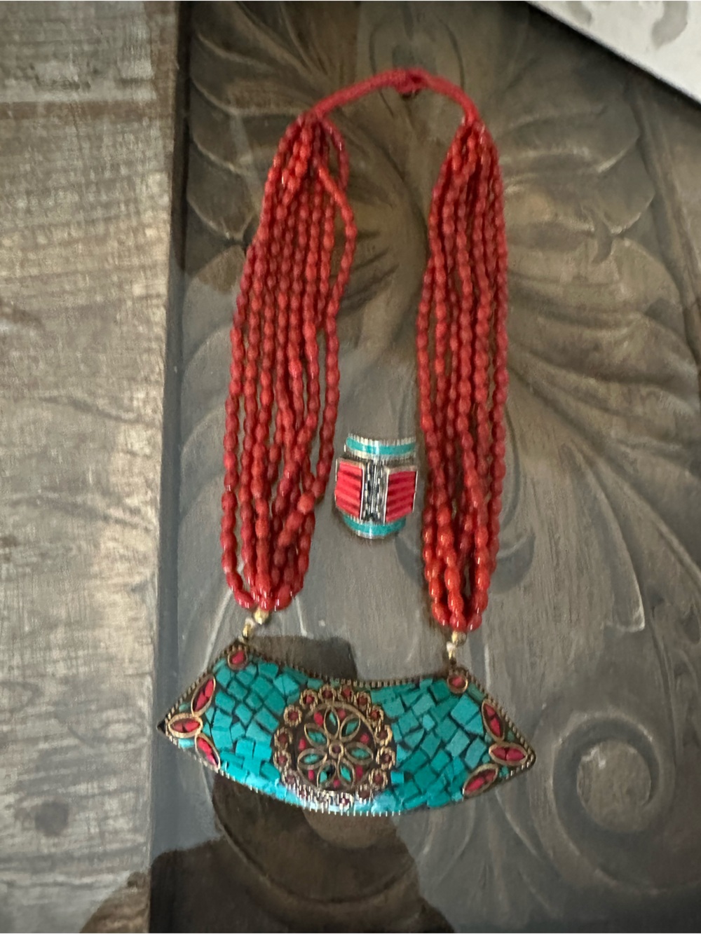 Tribal Bead Necklace and Ring Ethnic turquoise , Coral Inlay mosaic Jewlery .